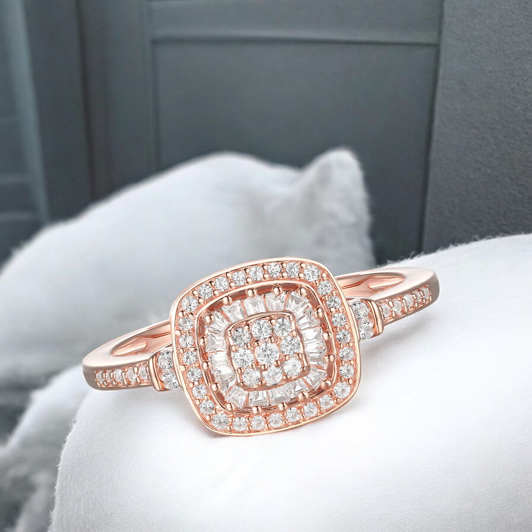 Diamond Cushion Shape Ring, Round and Baguette Diamond, 67 Natural Diamond Stones, 14K Rose Gold-plated Sterling Silver/14K Gold-plated Sterling Silver/Sterling Silver (1/4 cttw, I-J, I2-I3)