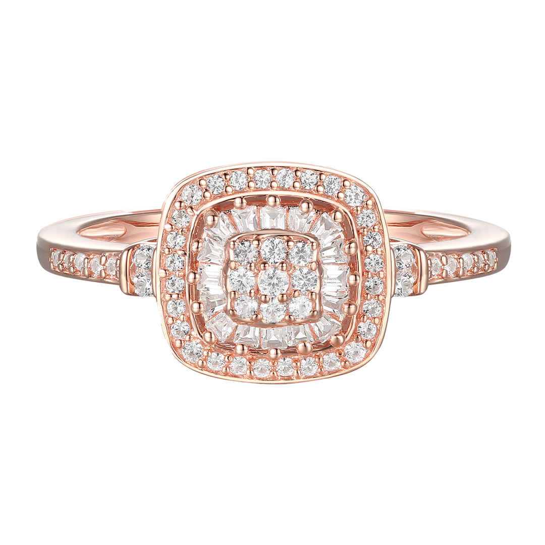 Diamond Cushion Shape Ring, Round and Baguette Diamond, 67 Natural Diamond Stones, 14K Rose Gold-plated Sterling Silver/14K Gold-plated Sterling Silver/Sterling Silver (1/4 cttw, I-J, I2-I3)