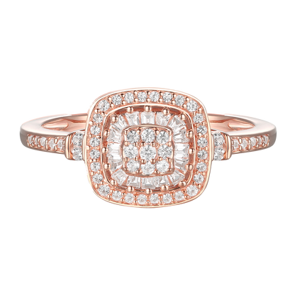 Diamond Cushion Shape Ring, Round and Baguette Diamond, 67 Natural Diamond Stones, 14K Rose Gold-plated Sterling Silver/14K Gold-plated Sterling Silver/Sterling Silver (1/4 cttw, I-J, I2-I3)