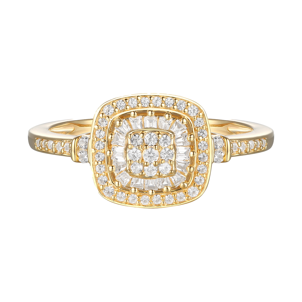 Diamond Cushion Shape Ring, Round and Baguette Diamond, 67 Natural Diamond Stones, 14K Rose Gold-plated Sterling Silver/14K Gold-plated Sterling Silver/Sterling Silver (1/4 cttw, I-J, I2-I3)