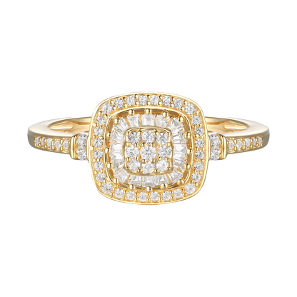 Diamond Cushion Shape Ring, Round and Baguette Diamond, 67 Natural Diamond Stones, 14K Rose Gold-plated Sterling Silver/14K Gold-plated Sterling Silver/Sterling Silver (1/4 cttw, I-J, I2-I3)
