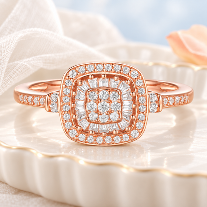 Diamond Cushion Shape Ring, Round and Baguette Diamond, 67 Natural Diamond Stones, 14K Rose Gold-plated Sterling Silver/14K Gold-plated Sterling Silver/Sterling Silver (1/4 cttw, I-J, I2-I3)