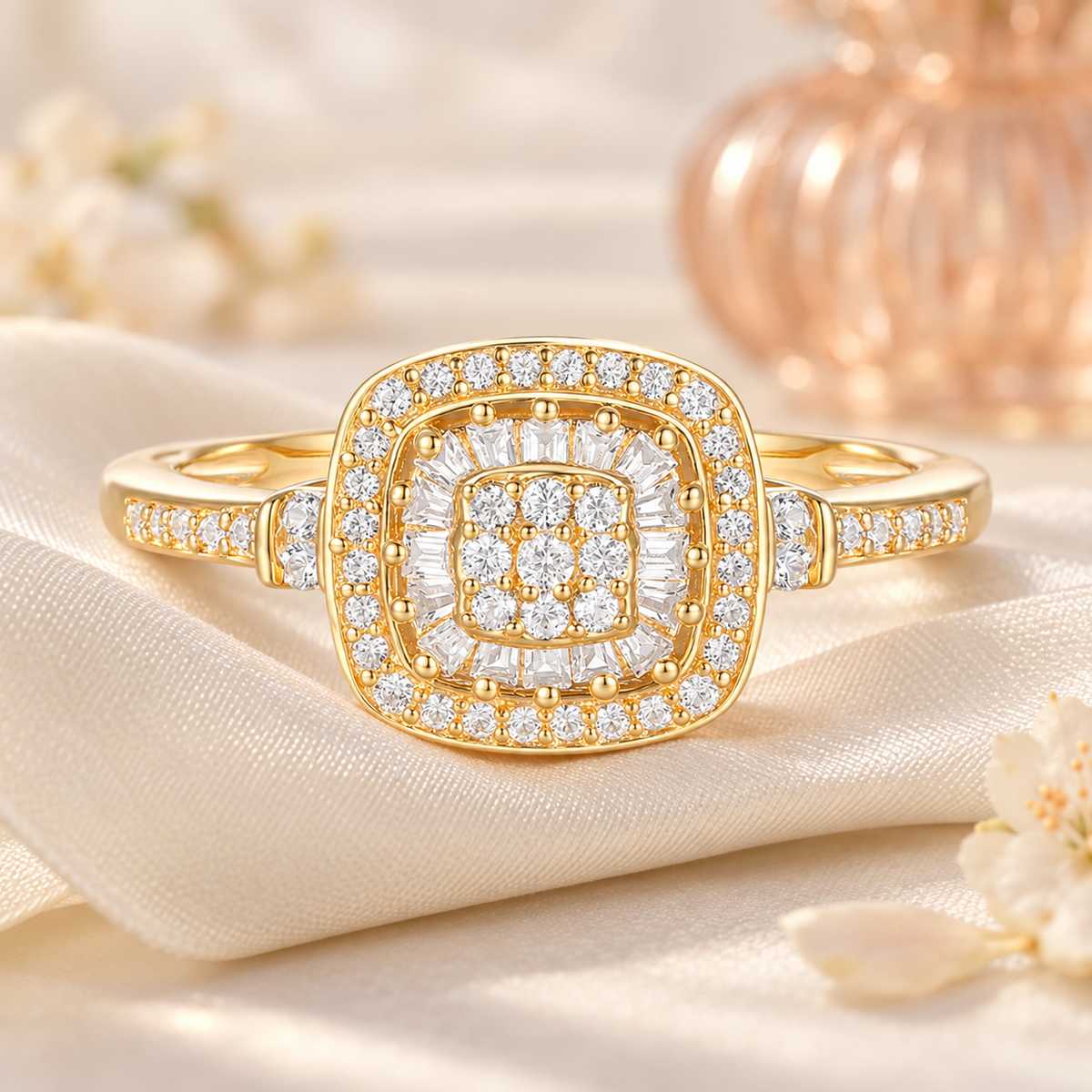 Diamond Cushion Shape Ring, Round and Baguette Diamond, 67 Natural Diamond Stones, 14K Rose Gold-plated Sterling Silver/14K Gold-plated Sterling Silver/Sterling Silver (1/4 cttw, I-J, I2-I3)