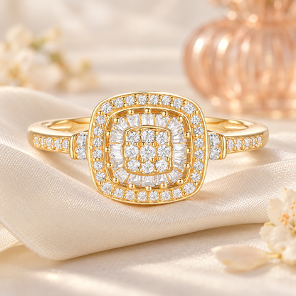 Diamond Cushion Shape Ring, Round and Baguette Diamond, 67 Natural Diamond Stones, 14K Rose Gold-plated Sterling Silver/14K Gold-plated Sterling Silver/Sterling Silver (1/4 cttw, I-J, I2-I3)