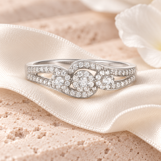 Sterling Silver 1/3 ct tw Diamond Ring with 3 Halo Stations (I-I2)