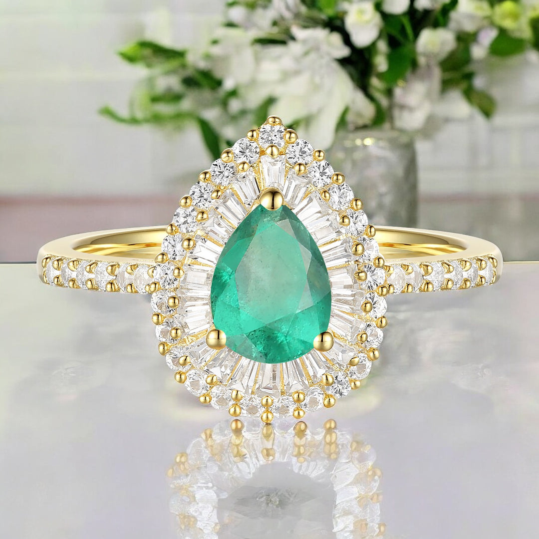 10K Genuine Emerald & 1/2 ct tw Diamond Pear Baquette Halo Ring