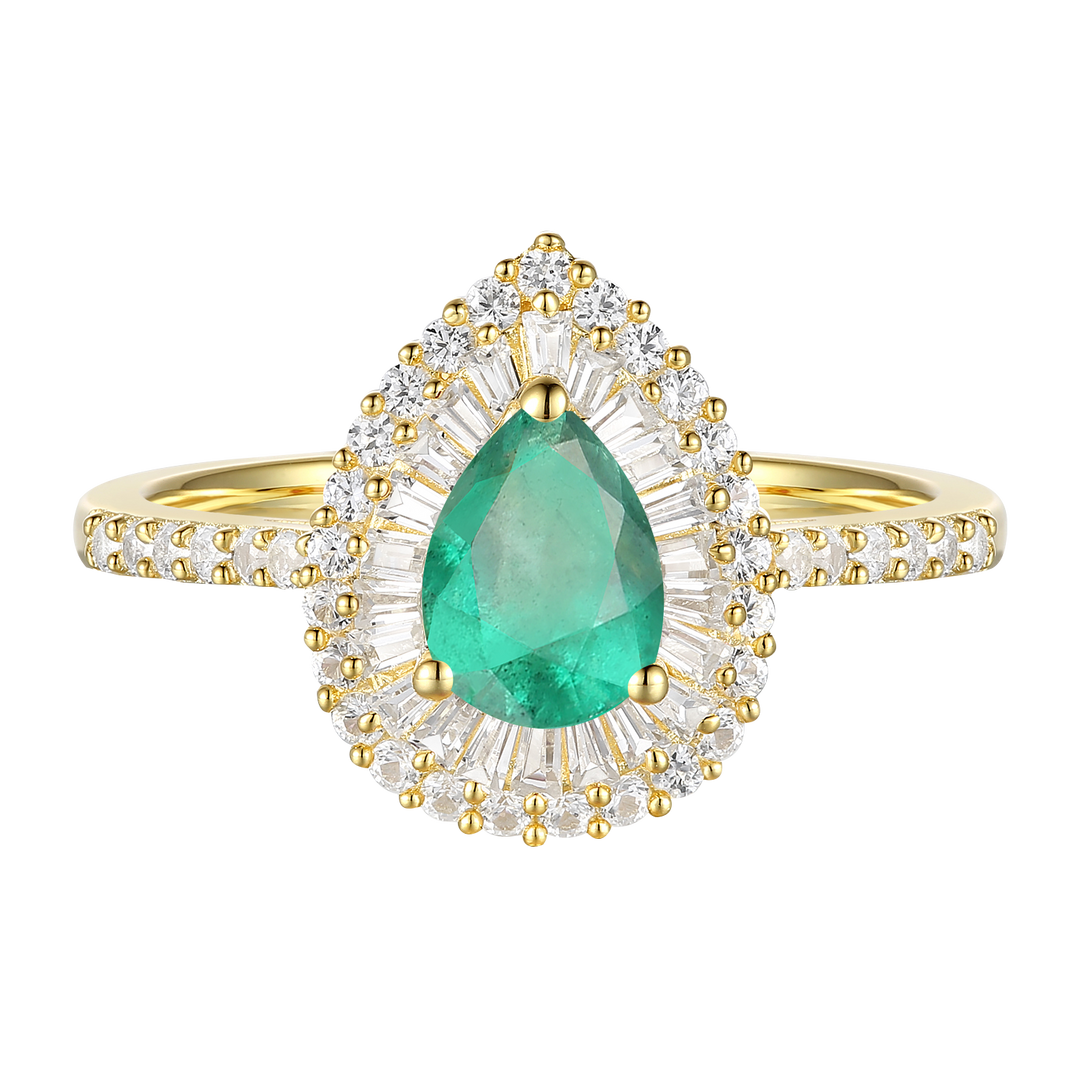 10K Genuine Emerald & 1/2 ct tw Diamond Pear Baquette Halo Ring