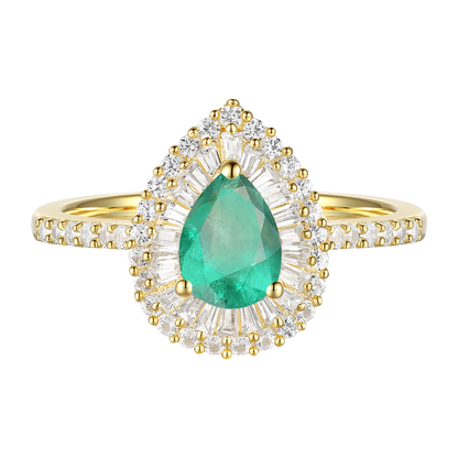 10K Genuine Emerald & 1/2 ct tw Diamond Pear Baquette Halo Ring
