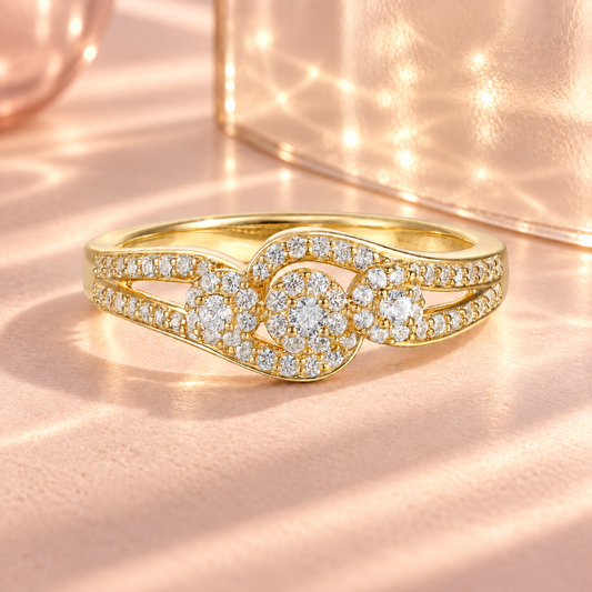 14K Yellow Gold over Sterling Silver 1/3 ct tw Diamond Ring with 3 Halo Stations (I-I2)