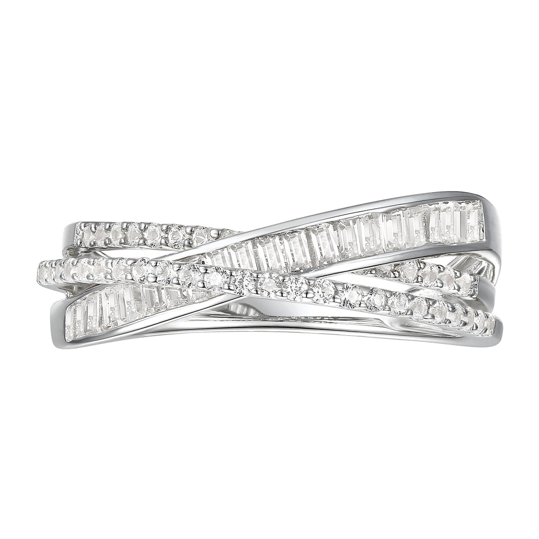 10K White Gold 1/2 ct tw Round and Baguette Diamond Crossover Ring (I-I2)