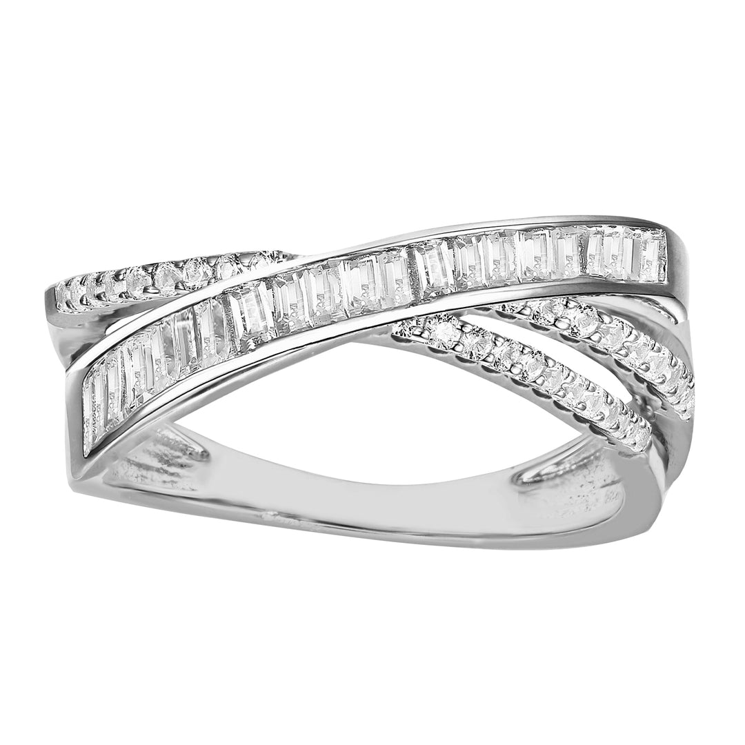 10K White Gold 1/2 ct tw Round and Baguette Diamond Crossover Ring (I-I2)