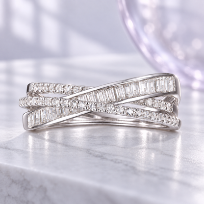10K White Gold 1/2 ct tw Round and Baguette Diamond Crossover Ring (I-I2)