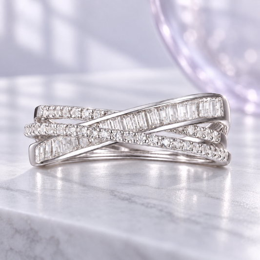 10K White Gold 1/2 ct tw Round and Baguette Diamond Crossover Ring (I-I2)