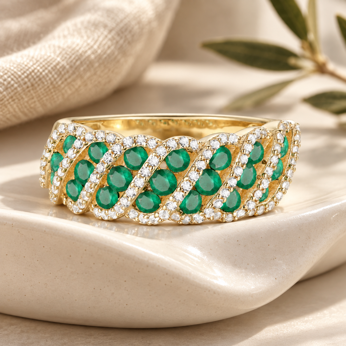 10K Genuine Emerald & 3/8 ct tw Diamond Twist Band Ring