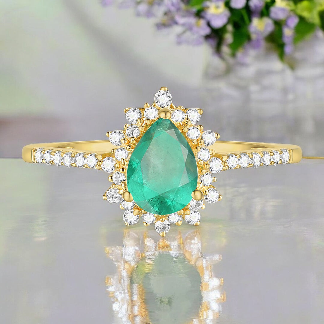 10K Genuine Gemstone & 1/5 ct tw Diamond Pear Halo Ring