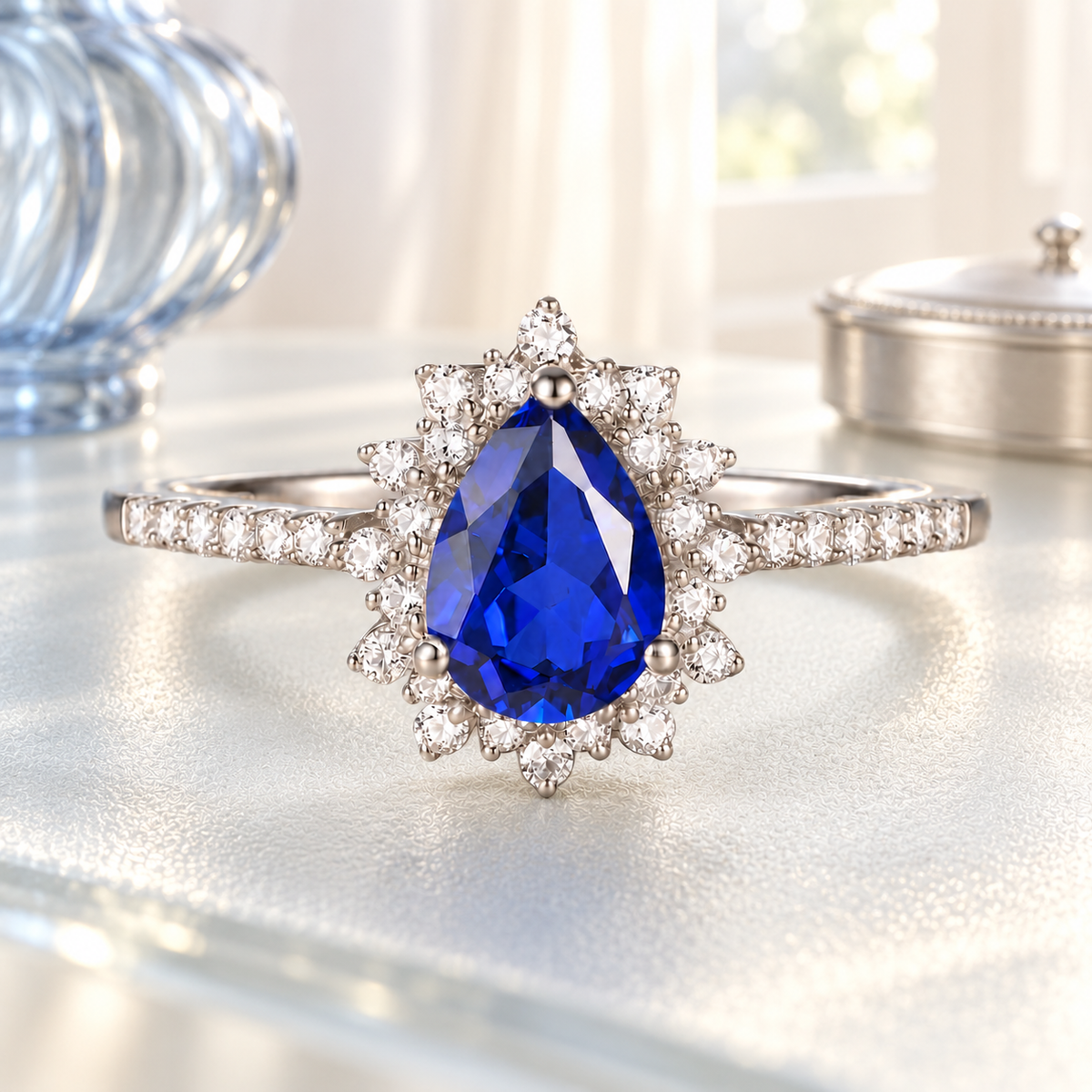10K Genuine Gemstone & 1/5 ct tw Diamond Pear Halo Ring