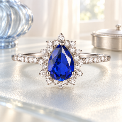 10K Genuine Gemstone & 1/5 ct tw Diamond Pear Halo Ring
