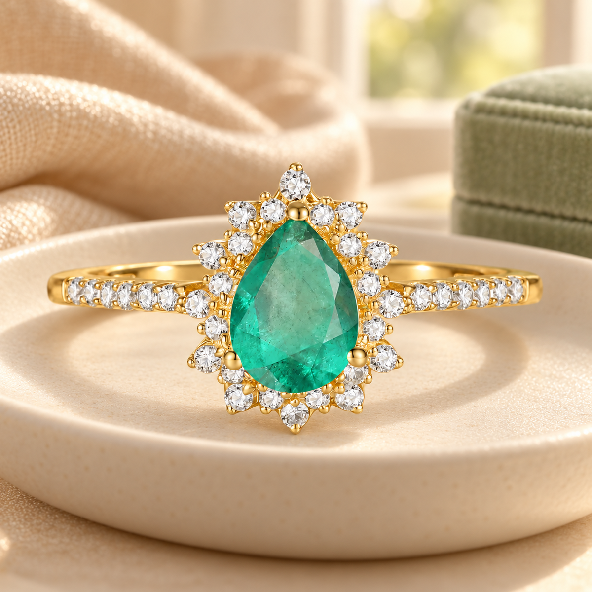 10K Genuine Gemstone & 1/5 ct tw Diamond Pear Halo Ring