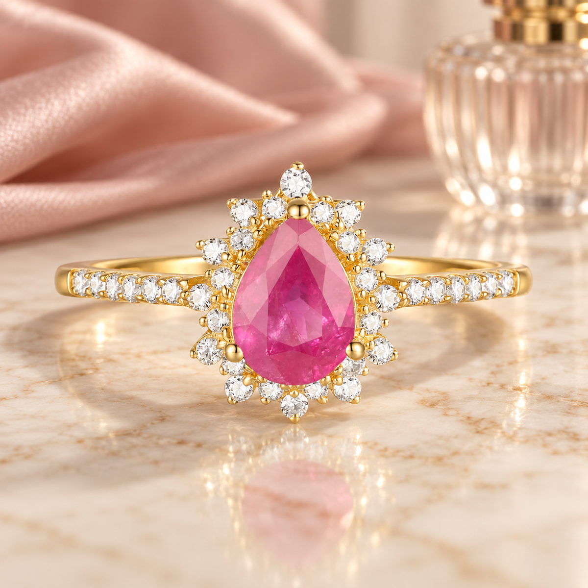 10K Genuine Gemstone & 1/5 ct tw Diamond Pear Halo Ring