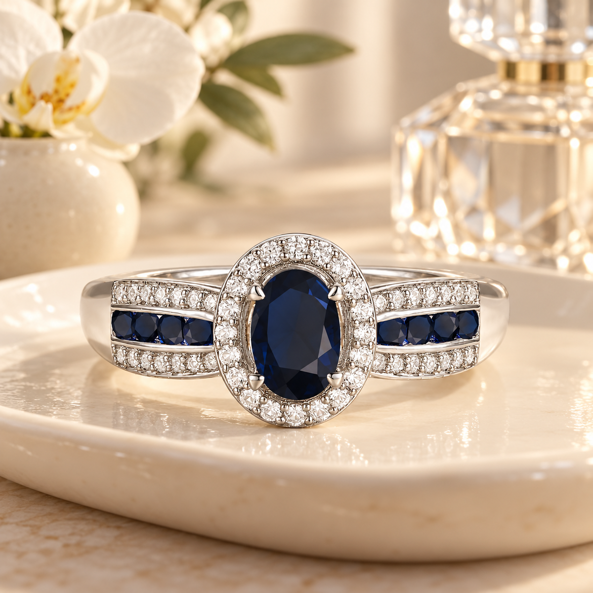 10K Genuine Gemstone & 1/5 ct tw Diamond Oval Halo Ring