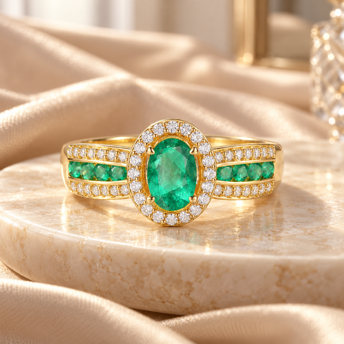 10K Genuine Gemstone & 1/5 ct tw Diamond Oval Halo Ring