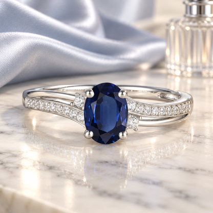10K Genuine Sapphire & 1/10 ct tw Diamond Oval By-pass Ring