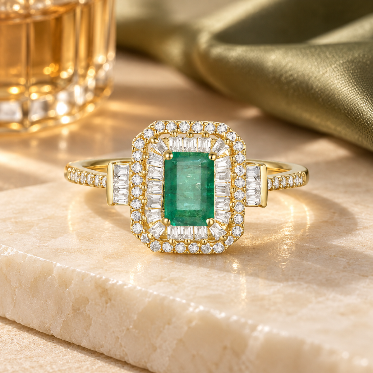 10K Genuine Gemstone & 1/3 ct tw Diamond Double Halo Ring