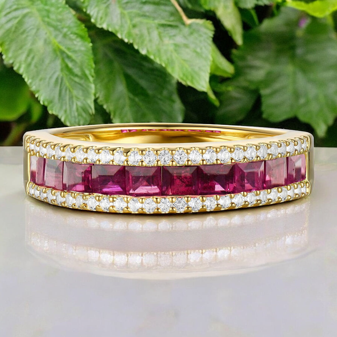 10K Genuine Gemstone & 1/4 ct tw Diamond Band Ring