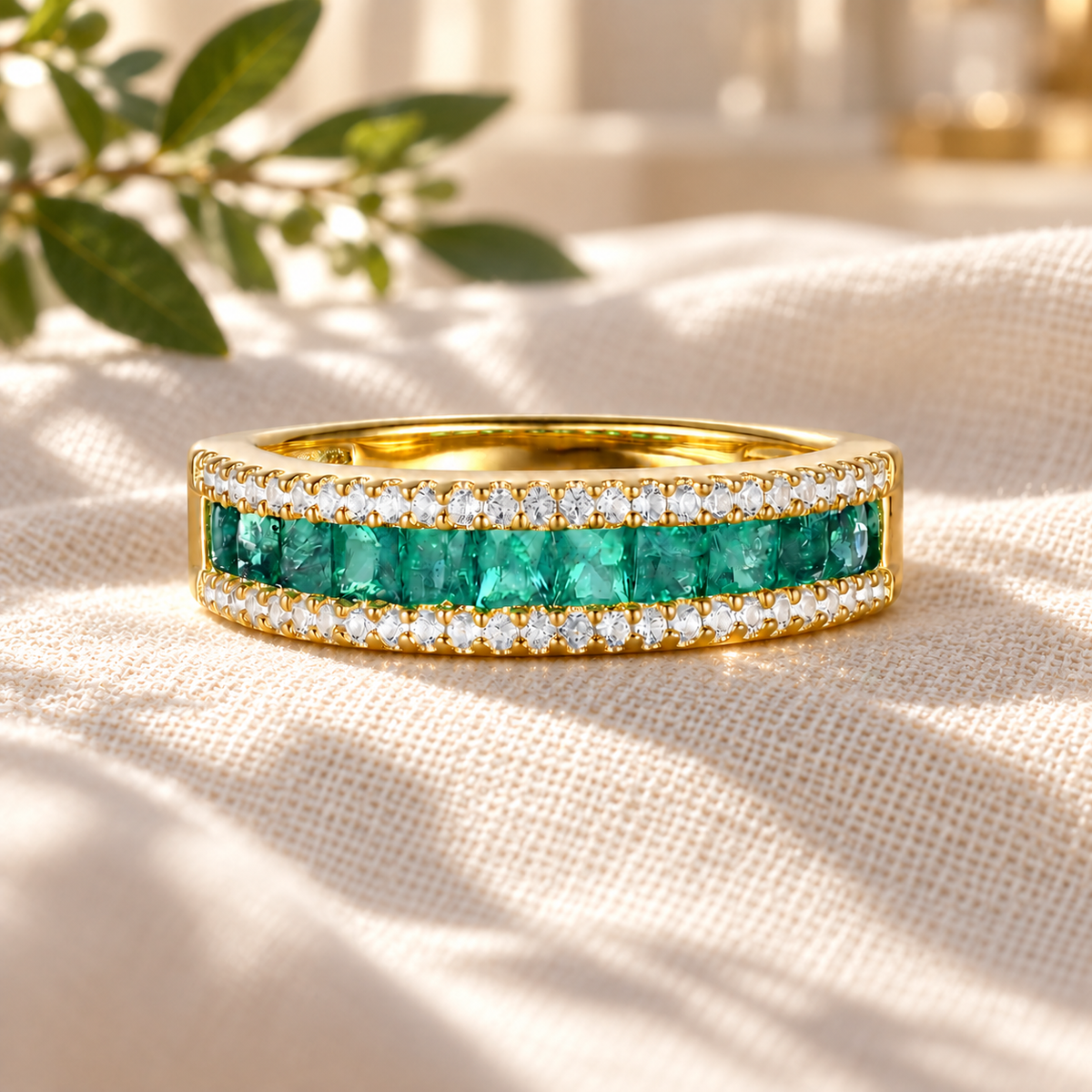 10K Genuine Gemstone & 1/4 ct tw Diamond Band Ring