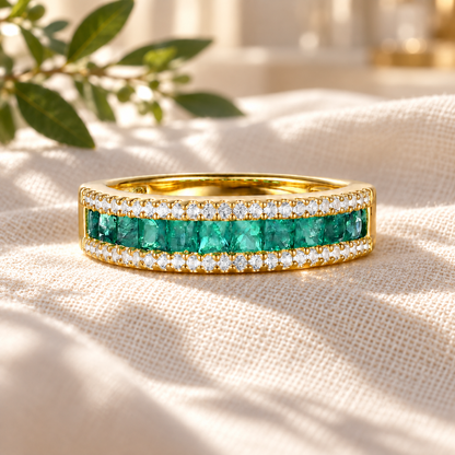 10K Genuine Gemstone & 1/4 ct tw Diamond Band Ring