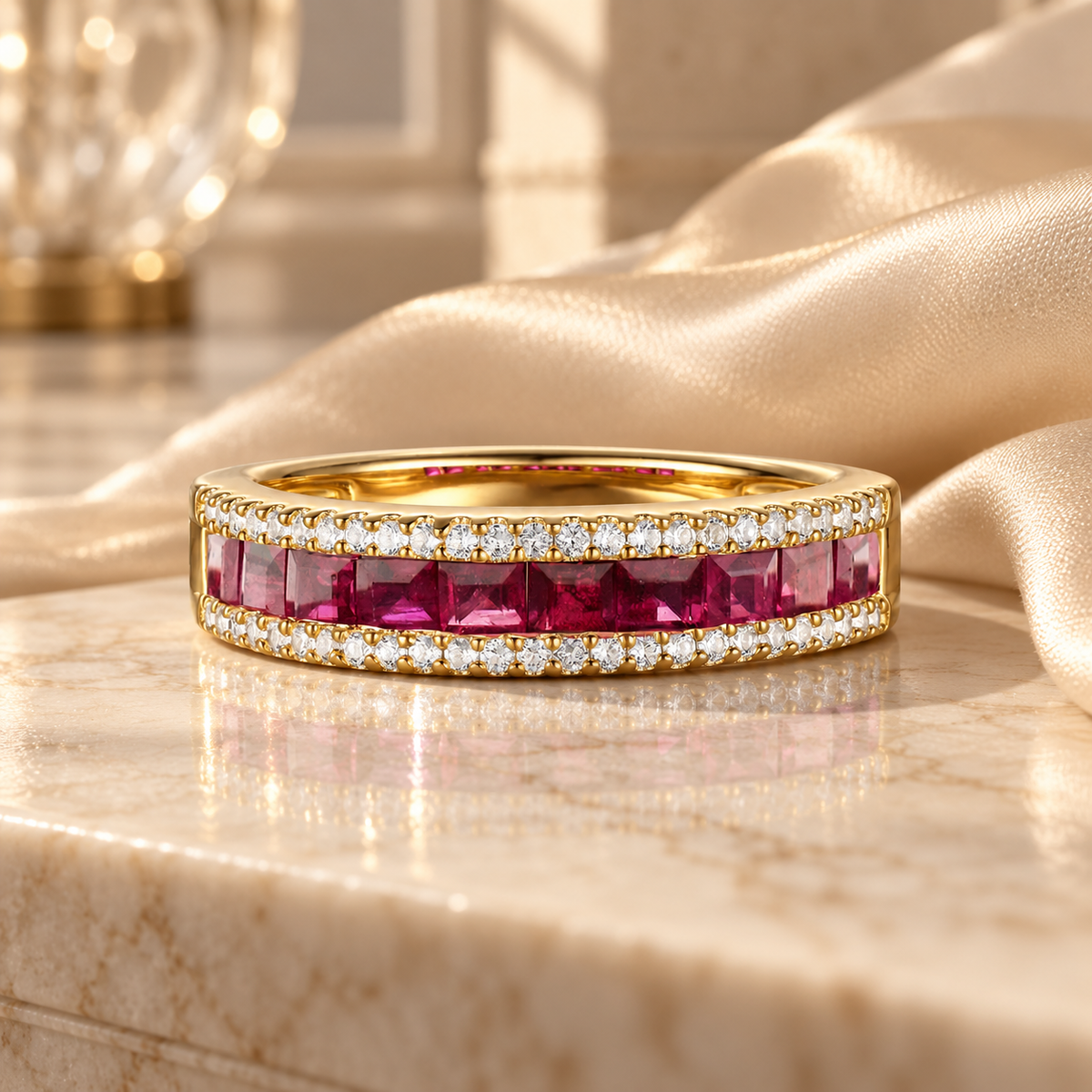 10K Genuine Gemstone & 1/4 ct tw Diamond Band Ring