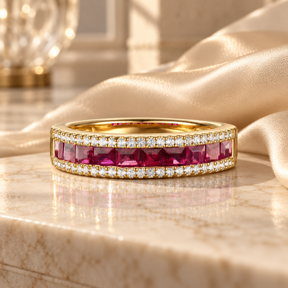 10K Genuine Gemstone & 1/4 ct tw Diamond Band Ring