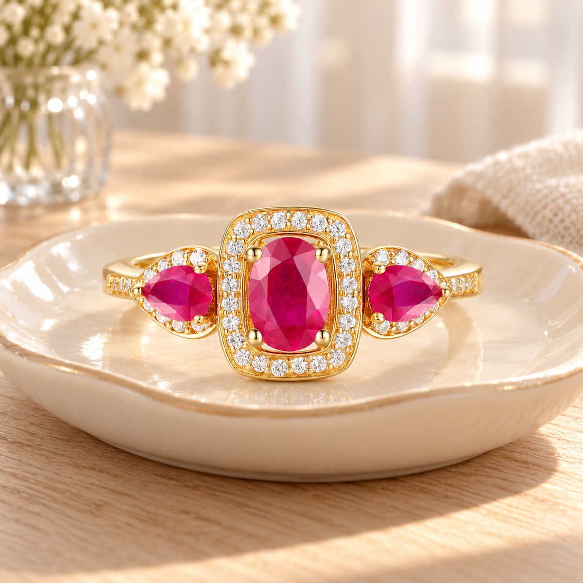 10K Genuine Gemstone & 1/5 ct tw Diamond 3-Stone Ring