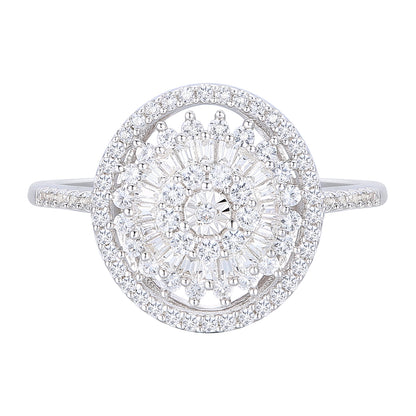 10K White Gold 1/2 ct tw Round and Baguette Diamond Oval Halo Ring (I-I2)