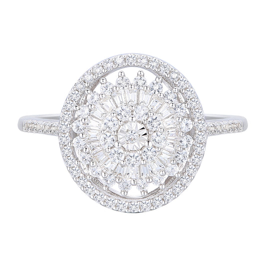 10K White Gold 1/2 ct tw Round and Baguette Diamond Oval Halo Ring (I-I2)