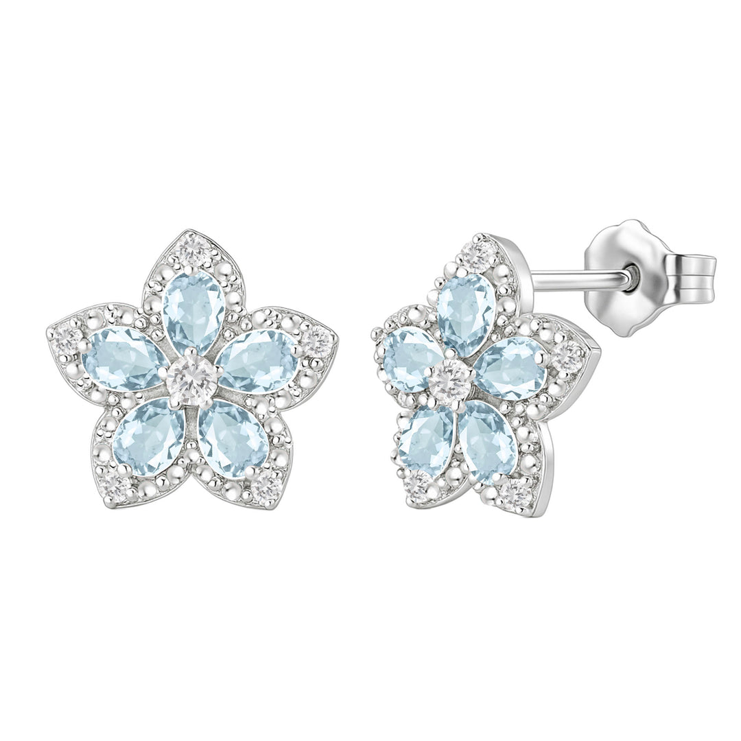 Sterling Silver Genuine Aquamarine & White Topaz Flower Stud Earrings