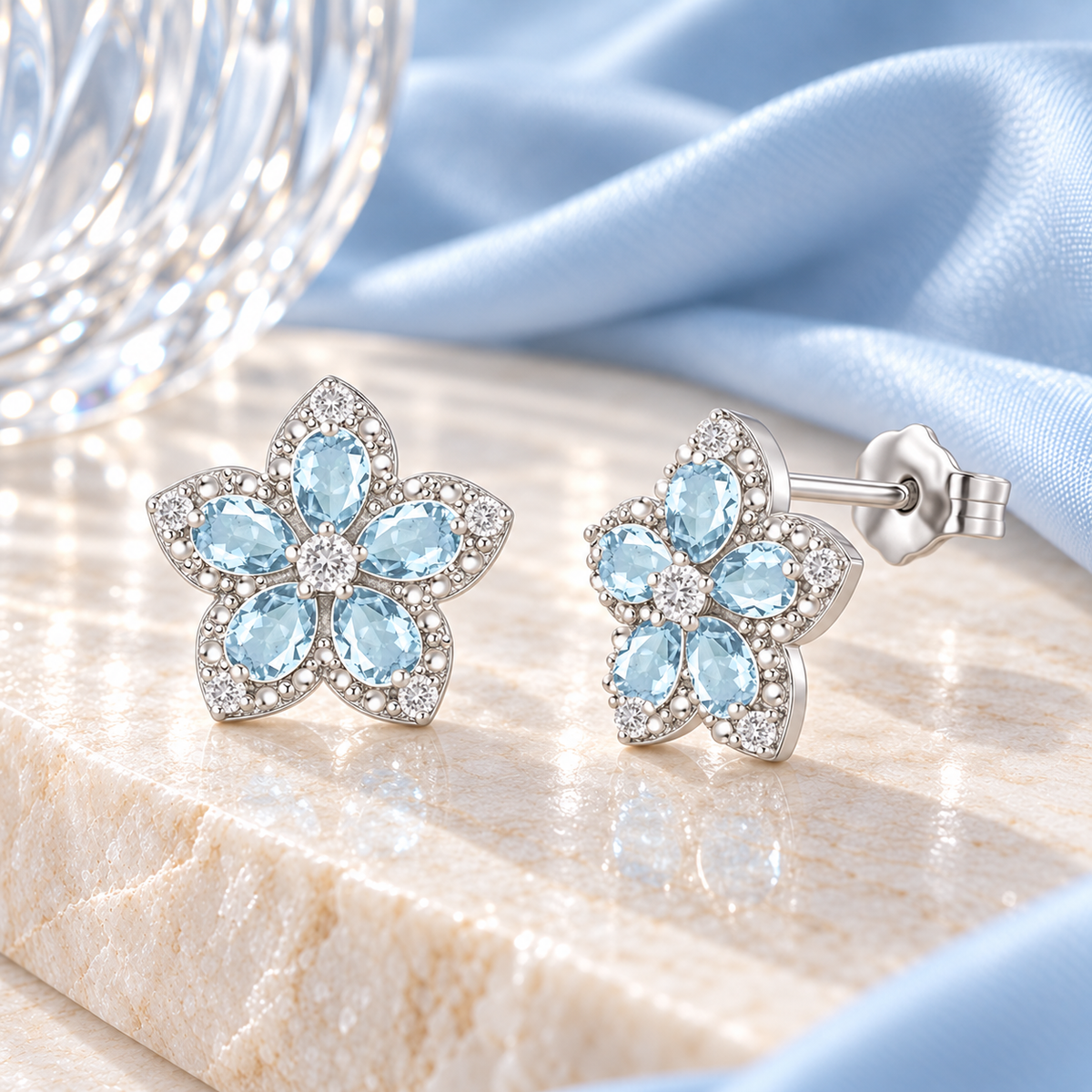 Sterling Silver Genuine Aquamarine & White Topaz Flower Stud Earrings
