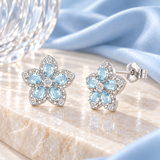 Sterling Silver Genuine Aquamarine & White Topaz Flower Stud Earrings