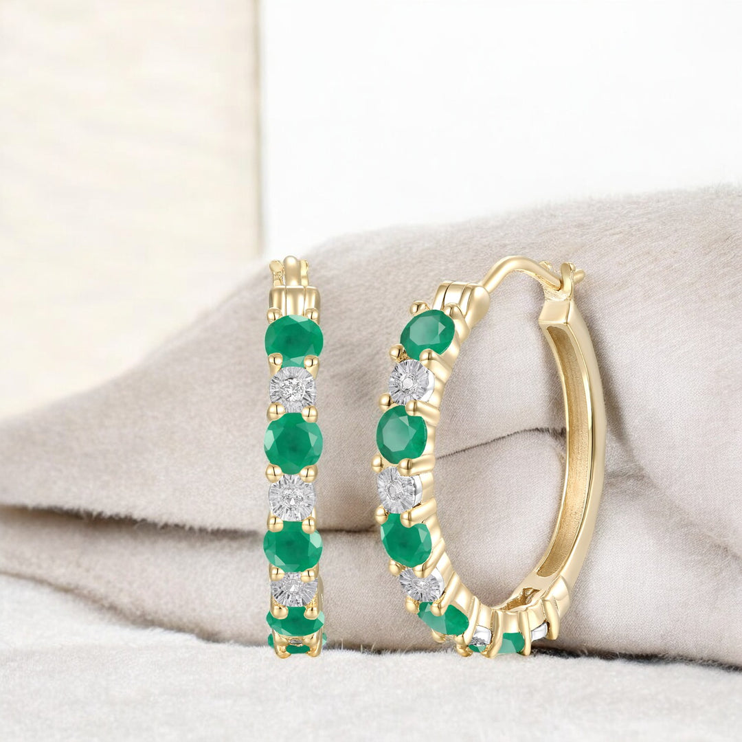 14K Yellow Gold Hoop Earrings with Emeralds and White Sapphires