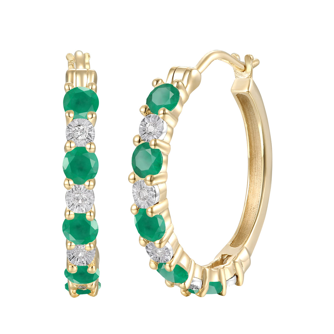 14K Yellow Gold Hoop Earrings with Emeralds and White Sapphires