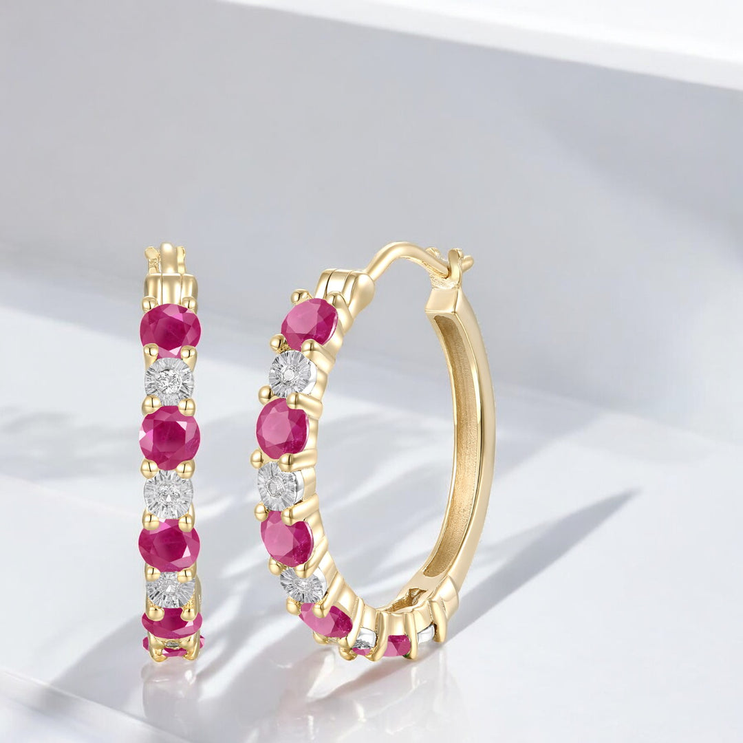 14K Yellow Gold Hoop Earrings with Ruby and White Sapphires