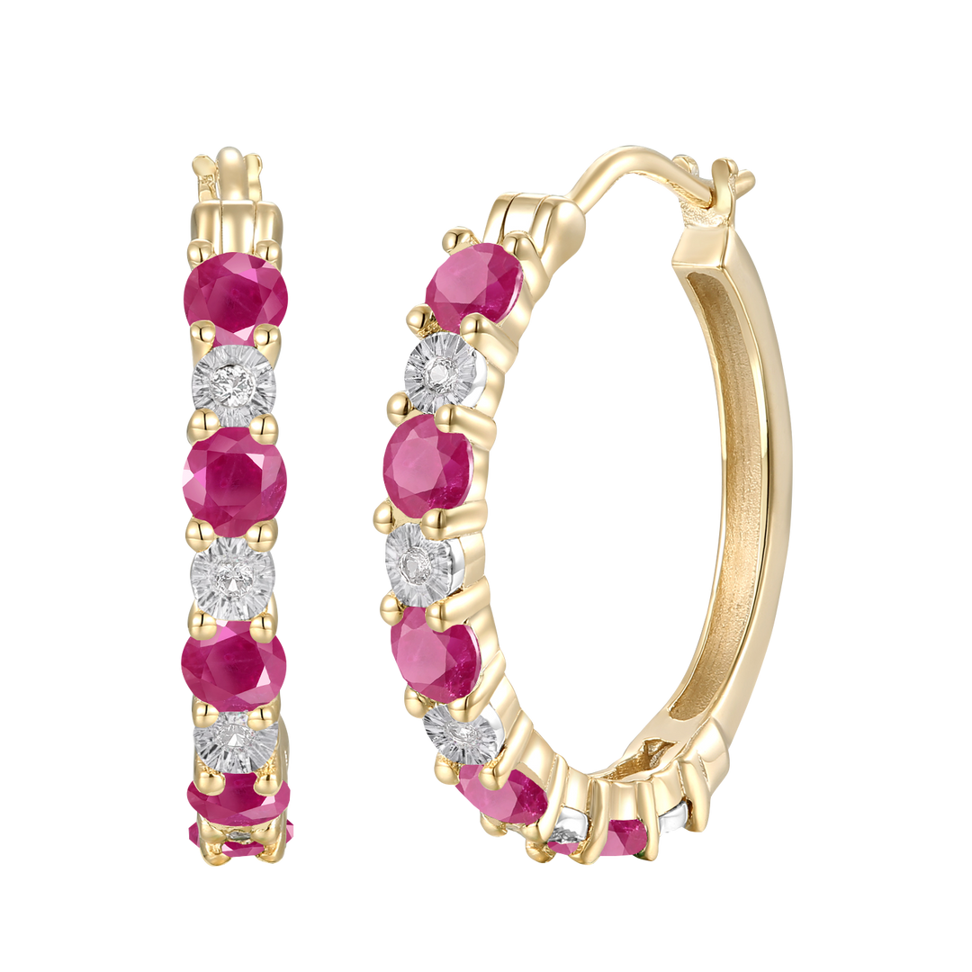 14K Yellow Gold Hoop Earrings with Ruby and White Sapphires