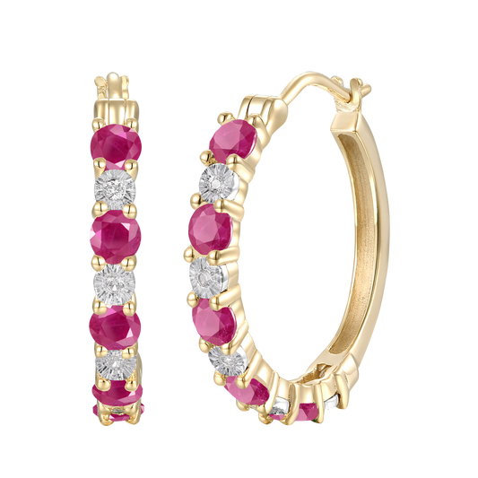 14K Yellow Gold Hoop Earrings with Ruby and White Sapphires