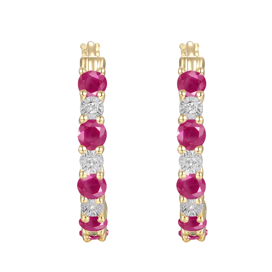 14K Yellow Gold Hoop Earrings with Ruby and White Sapphires