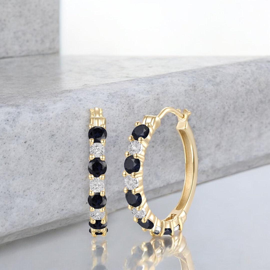 14K Yellow Gold Hoop Earrings with Sapphires and White Sapphires