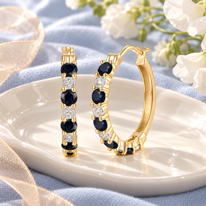 14K Yellow Gold Hoop Earrings with Sapphires and White Sapphires - view 2