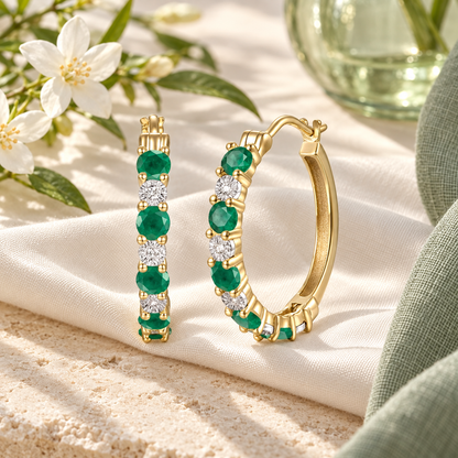 14K Yellow Gold Hoop Earrings with Emeralds and White Sapphires - view 2