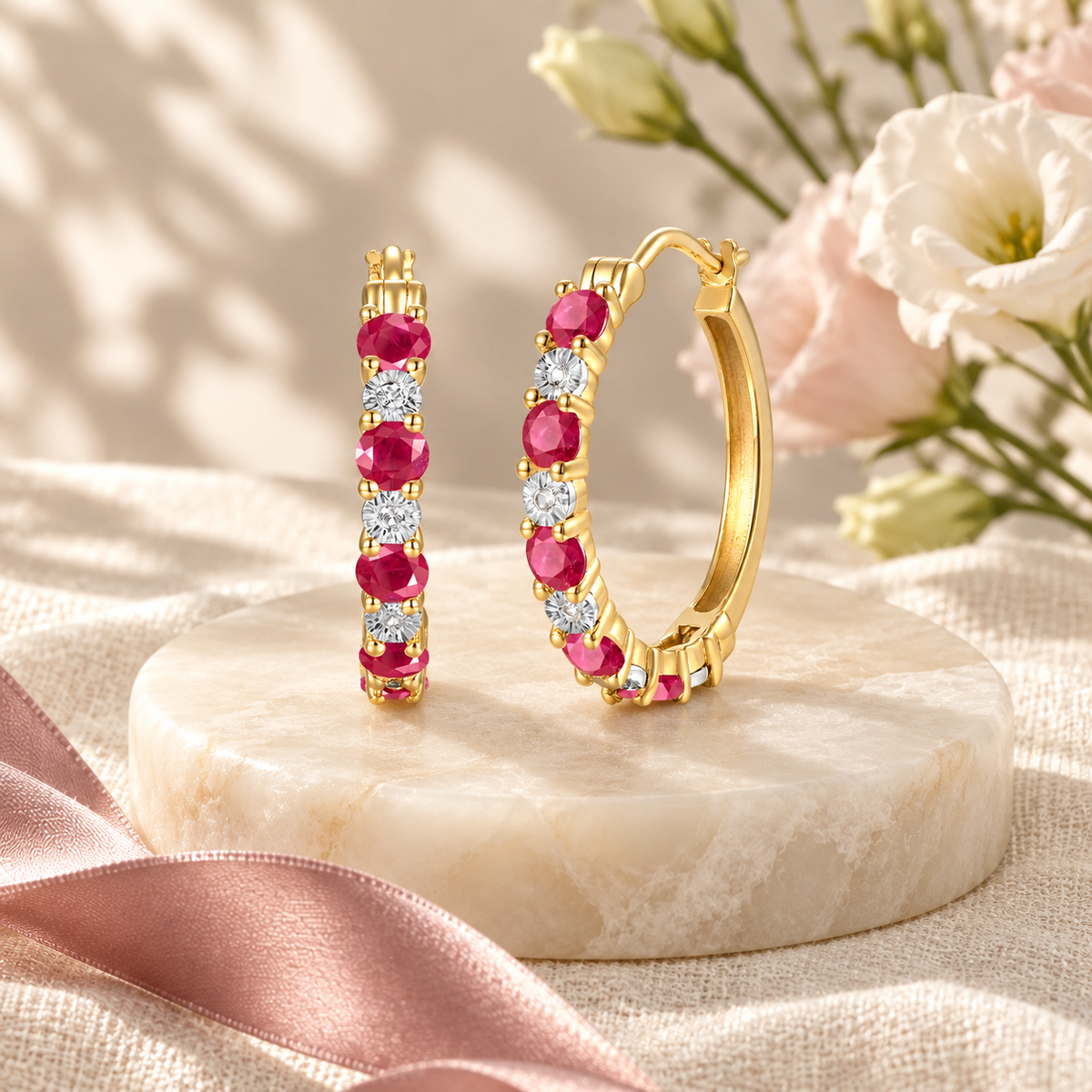 14K Yellow Gold Hoop Earrings with Ruby and White Sapphires