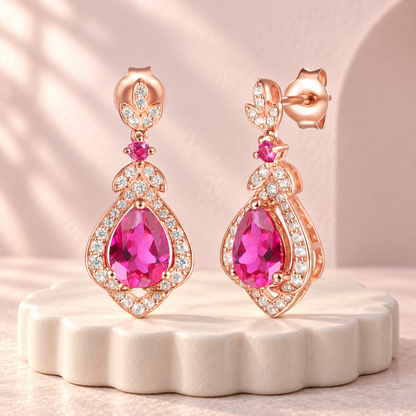 Tirafina Floral Drop Earrings Created with gemstones and white Sapphire Accents Gold Plated Silver Drop Earrings  (7x5mm Stones)