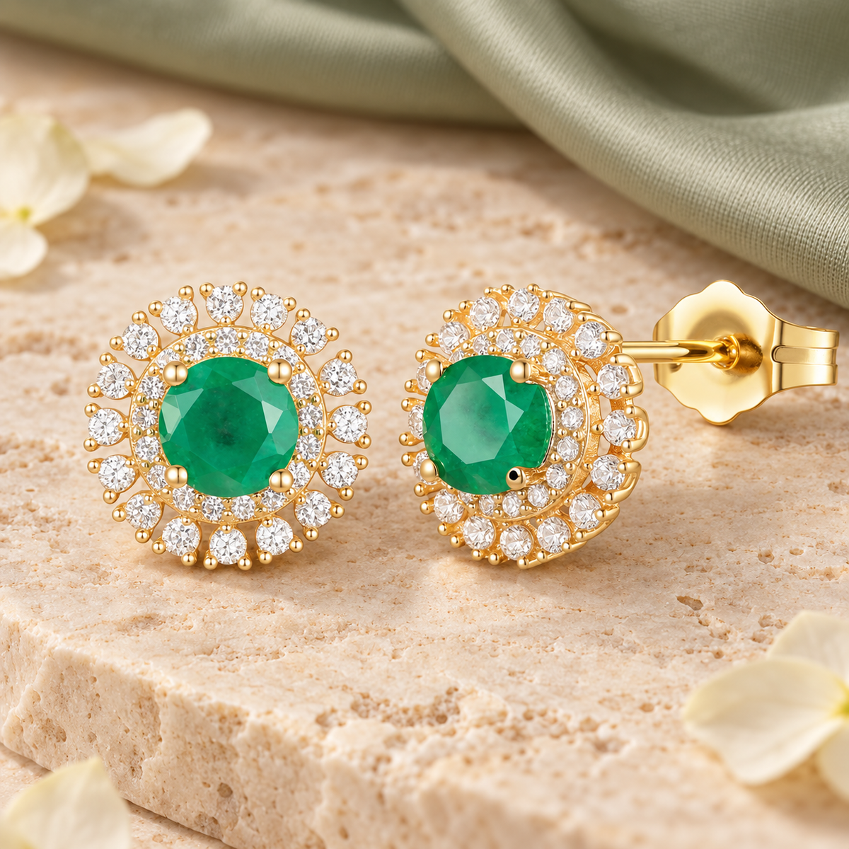 10K-Genuine-Gemstone-&-1/2-ct-tw-Diamond-Round-Stud-Earring